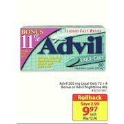 Advil 200 Mg Liqui-Gels 72 + 8 Bonus Or Advil Nighttime 40s  - $9.97 ($2.99 off)