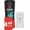 Axe Shower Gel, Body Spray or Dove Stick Antiperspirant/Deodorant - $4.49
